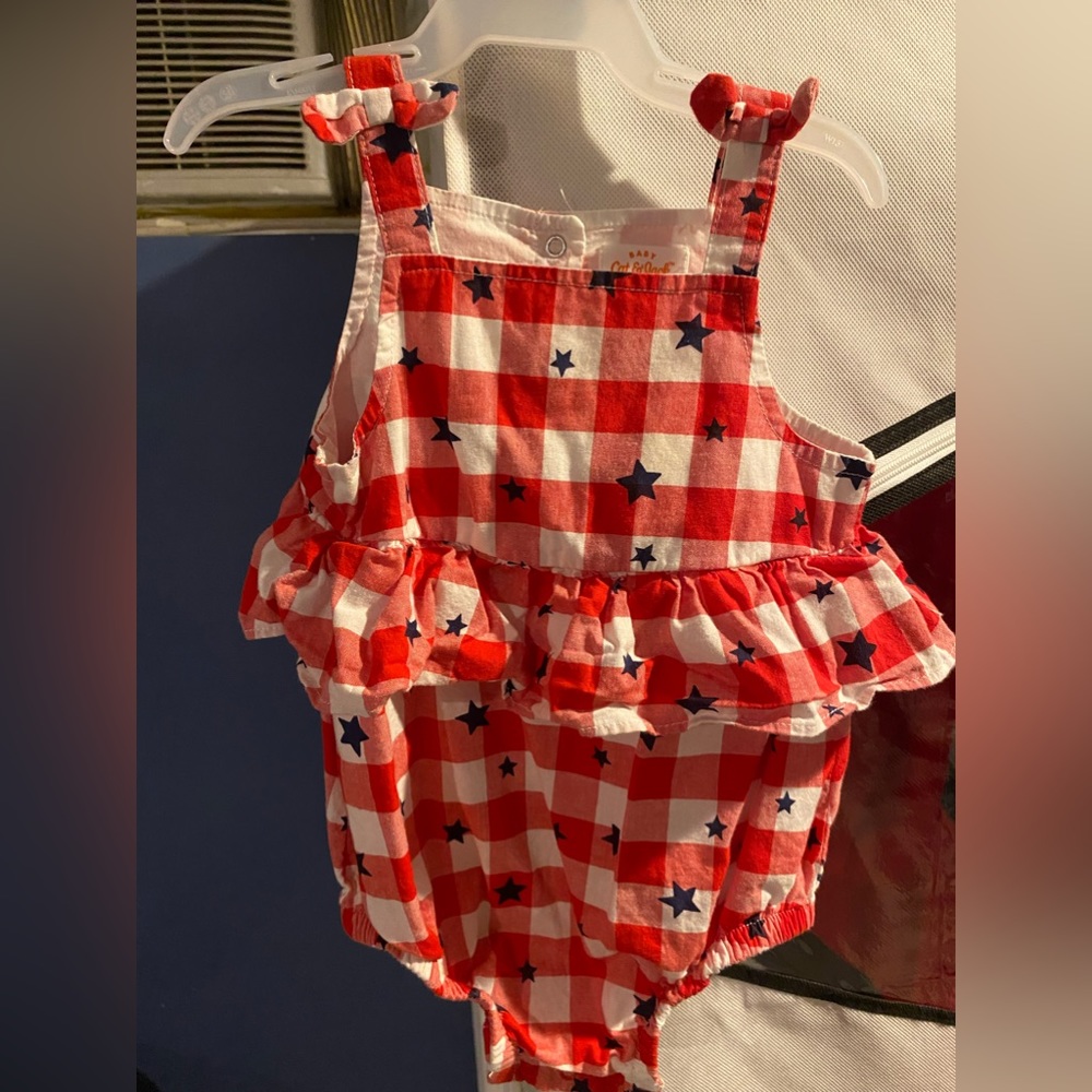 Baby Cat & Jack Red/White Plaid with Navy Blue Stars Romper, size 12 months.